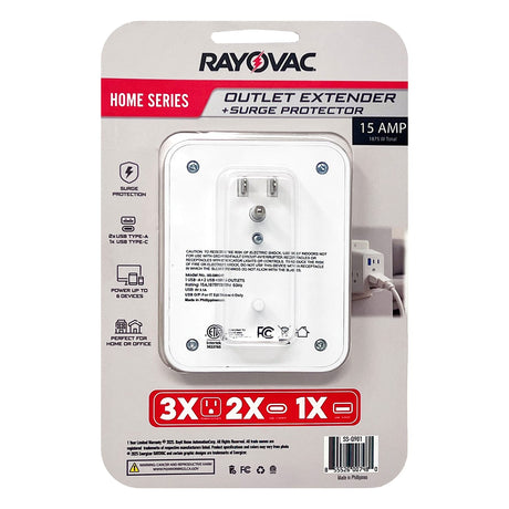 Rayovac 3-AC Outlet and 3-USB Port 540-Joules Surge Protector Wall Tap, SS-Q901