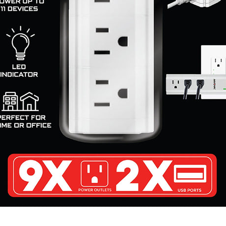 Rayovac 9-AC Outlet and 2-USB Port Portable Power Strip and Charger Wall Tap, SS-Q902