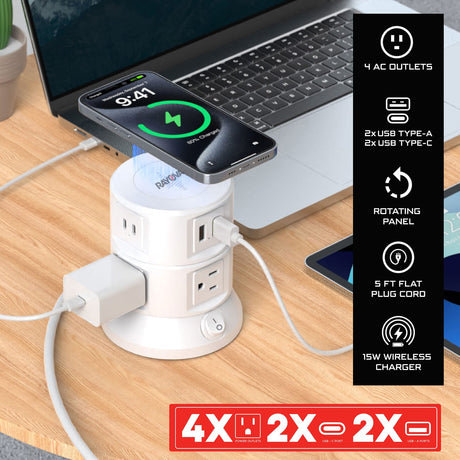 Rayovac Charging Tower 6-AC Outlet 540-Joules Surge Protector with Wireless Charging, 2 USB-A and 2 USB-C Ports, 5-Ft. Cord