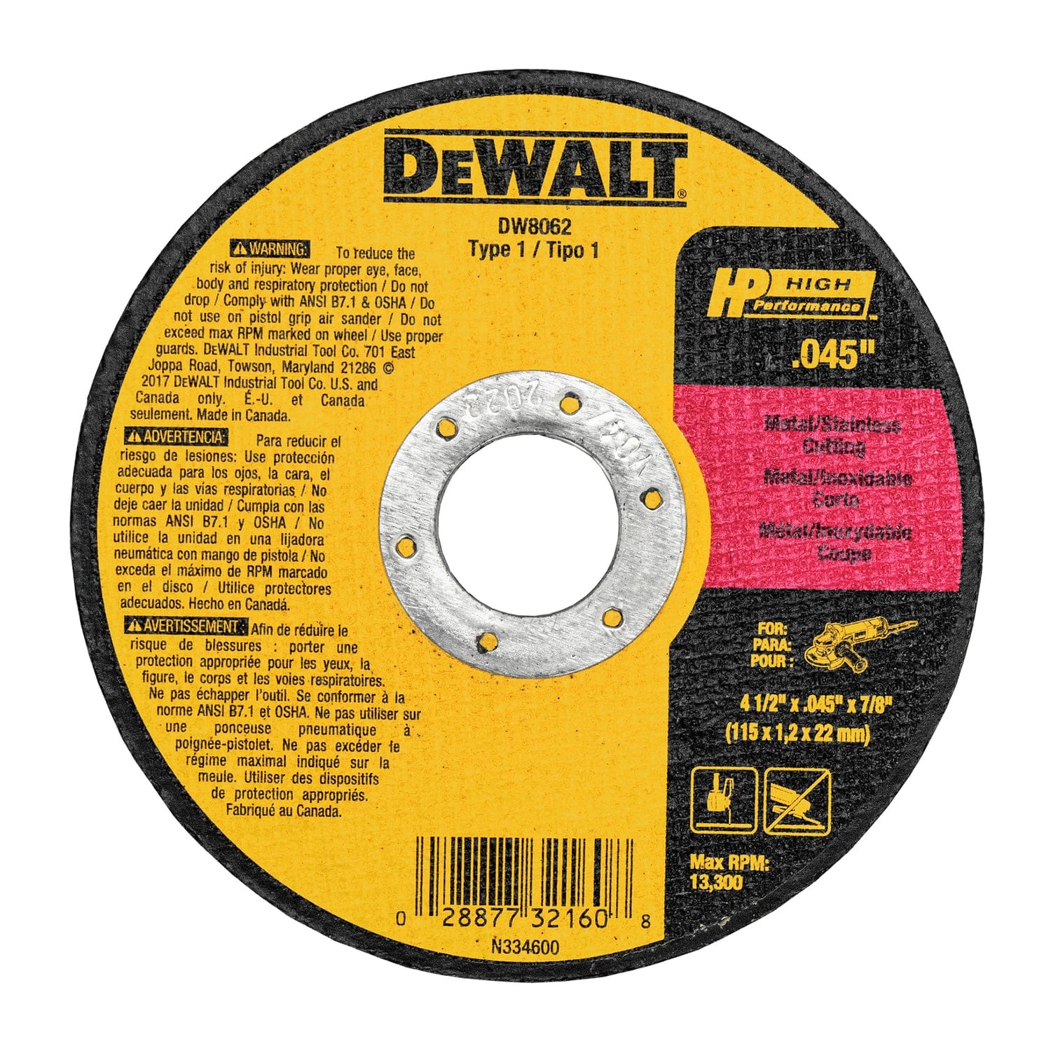 Dewalt High Performance 4-1/2-In. Aluminum-Oxide Abrasive Chop Cutting Wheel, 5 Count, DW8062B5