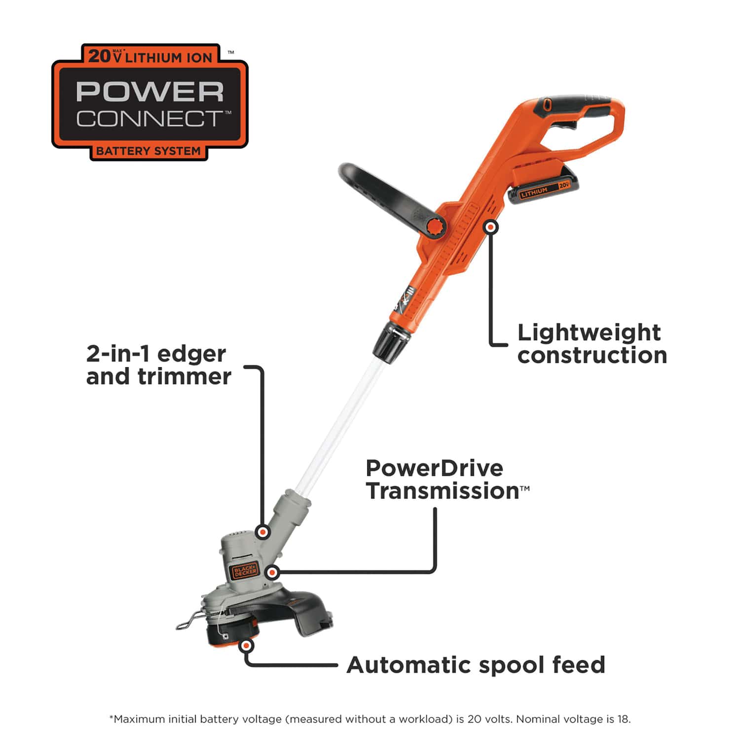 Black+Decker 20-Volt MAX* POWERCONNECT Cordless 2-in-1 String Trimmer and Edger with Battery and Charger, LST300