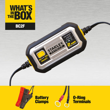 Stanley FATMAX 2-Amp 6-Volt/12-Volt Automatic Battery Charger/Maintainer for Lead-Acid Batteries, BC2F