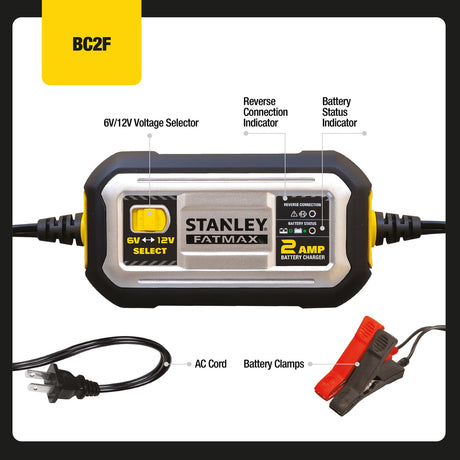 Stanley FATMAX 2-Amp 6-Volt/12-Volt Automatic Battery Charger/Maintainer for Lead-Acid Batteries, BC2F