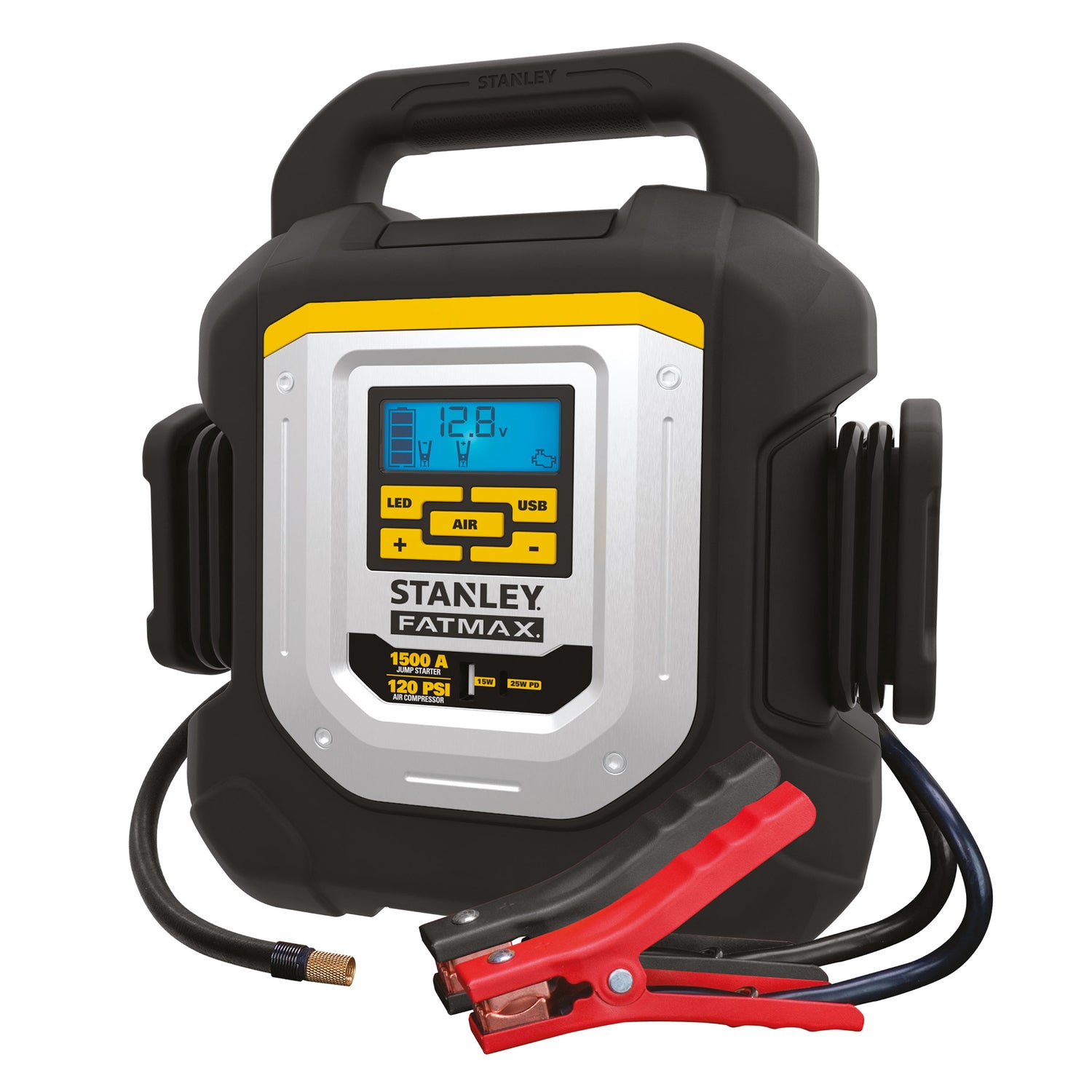 Stanley FATMAX Portable Car Jump Starter, 120-PSI Air Compressor, USB Power Bank with 1500-Amp Peak for V8 Cars/Trucks, and LED Light