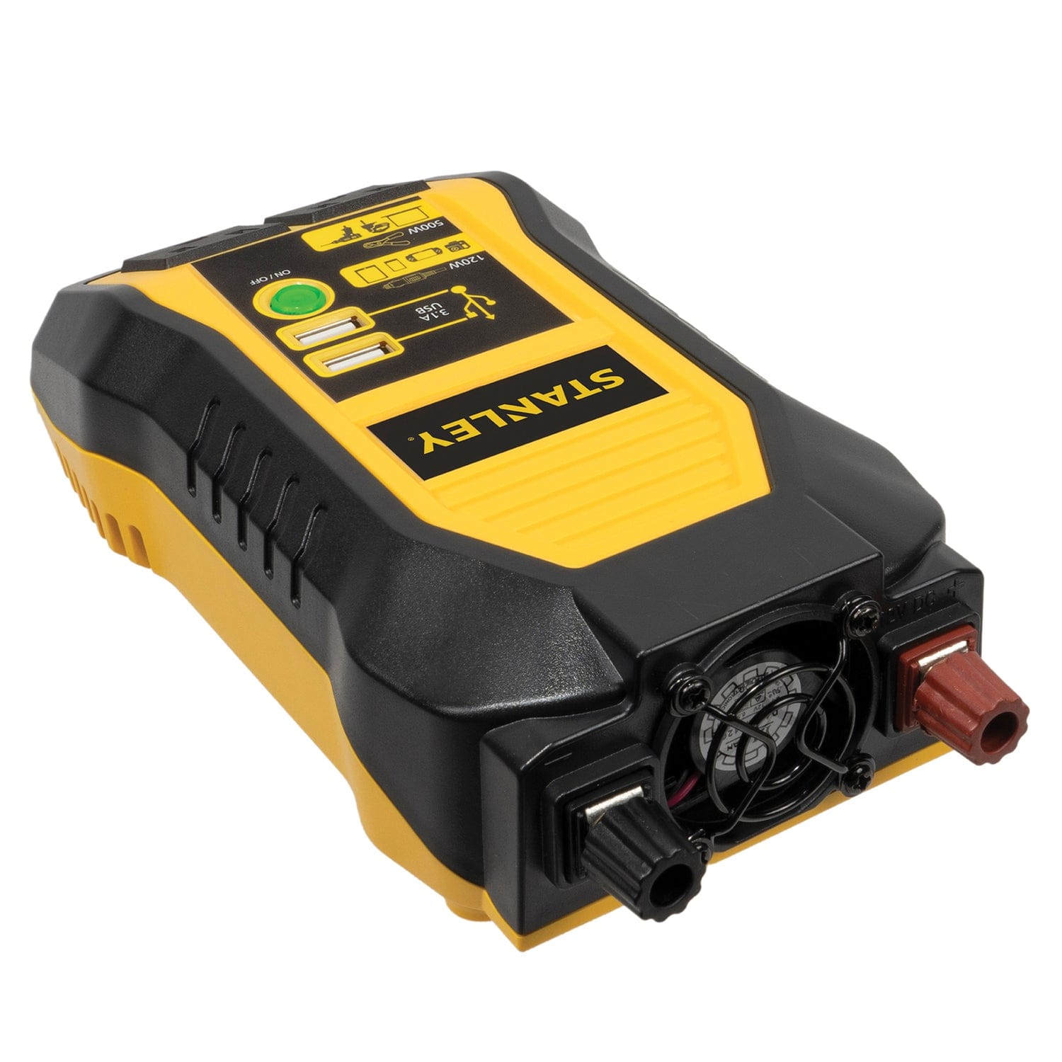 Stanley 2-AC Outlet and 2-USB Port, 500-Continuous-Watt Car Power Inverter with 12-Volt Adapter Cord and Battery Clips, PI500S
