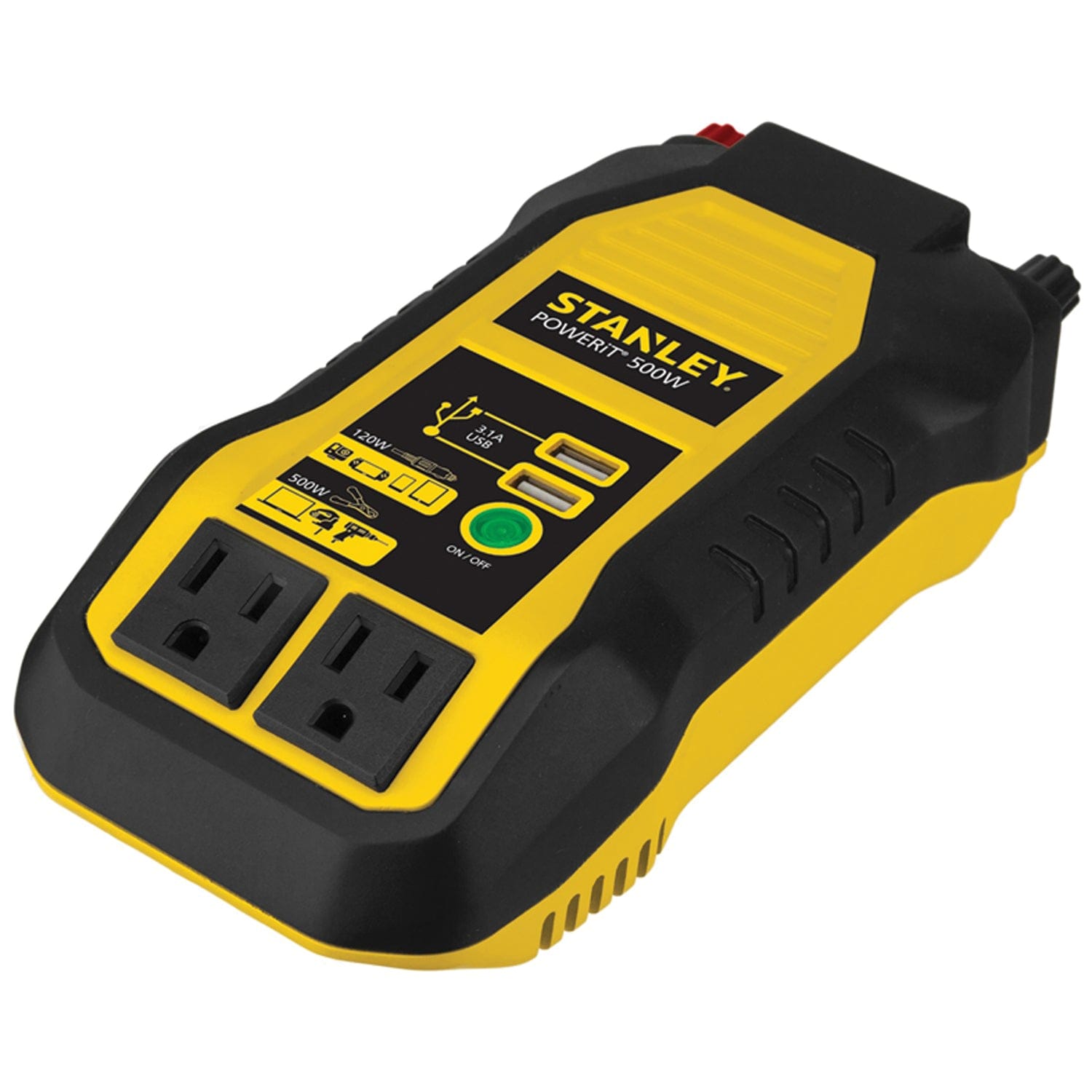 Stanley 2-AC Outlet and 2-USB Port, 500-Continuous-Watt Car Power Inverter with 12-Volt Adapter Cord and Battery Clips, PI500S