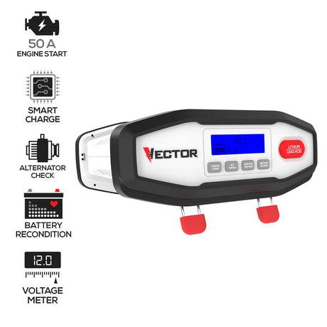 Vector 50-Amp Engine Start/15-Amp Automatic Battery Charger/Maintainer with Lithium/Lead-Acid Selector, VECBC50