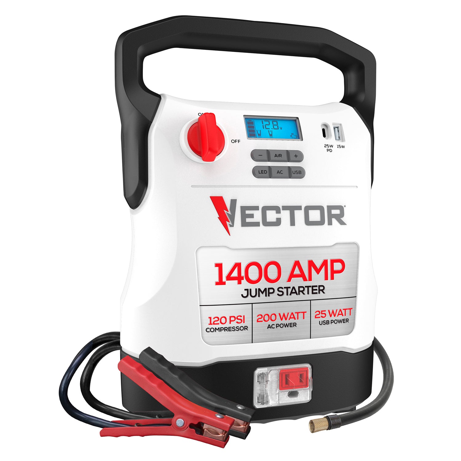 Vector Portable Car Jump Starter, 120-PSI Air Compressor, and USB Power Bank with 1400-Amp Peak for V8 Cars/Trucks, AC Outlet, Clamps, LED, VECJ14C