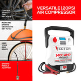 Vector Portable Car Jump Starter, 120-PSI Air Compressor, and USB Power Bank with 1400-Amp Peak for V8 Cars/Trucks, AC Outlet, Clamps, LED, VECJ14C