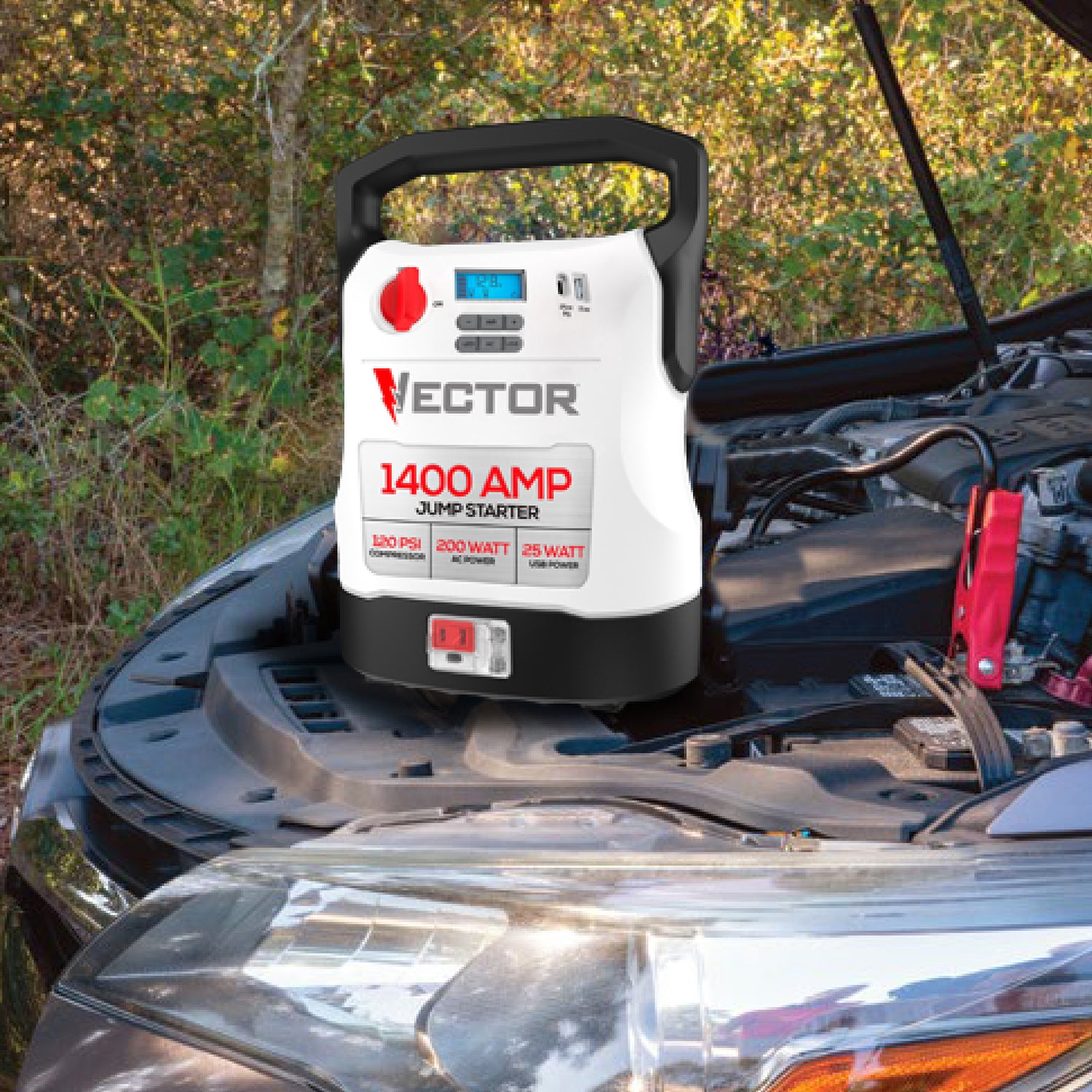 Vector Portable Car Jump Starter, 120-PSI Air Compressor, and USB Power Bank with 1400-Amp Peak for V8 Cars/Trucks, AC Outlet, Clamps, LED, VECJ14C