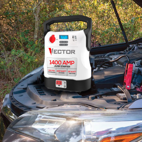 Vector Portable Car Jump Starter, 120-PSI Air Compressor, and USB Power Bank with 1400-Amp Peak for V8 Cars/Trucks, AC Outlet, Clamps, LED, VECJ14C
