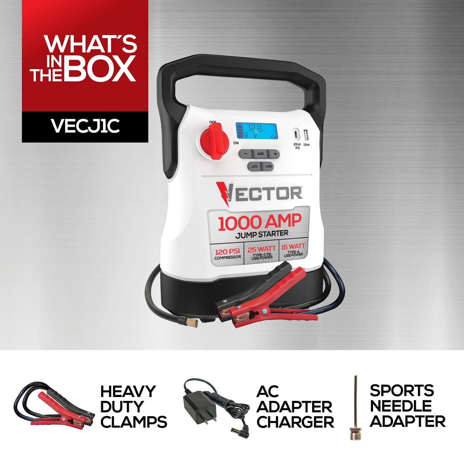 Vector 1000-Amp 12-Volt Automotive Jump Starter with Compressor and USB Power Bank, VECJ1C