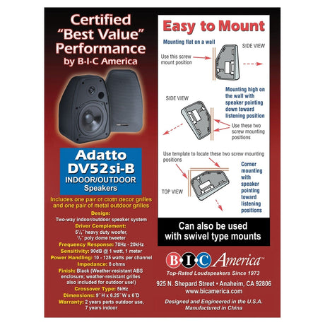 BIC America Adatto DV52si Indoor/Outdoor Weather-Resistant 125-Watt Bookshelf Speaker Set, 2 Count