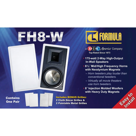 BIC America 8-In. 175-Watt Formula Series FH8-W 2-Way In-Wall Speaker Pair with Injected Molded Woofer and Horn Tweeter, 8 Ohms