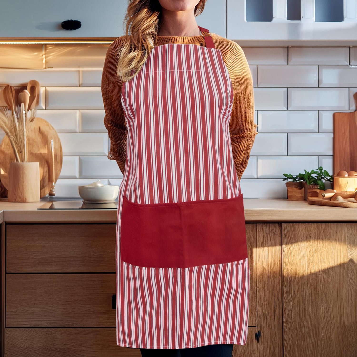 Better Houseware Adjustable Striped Apron, Red