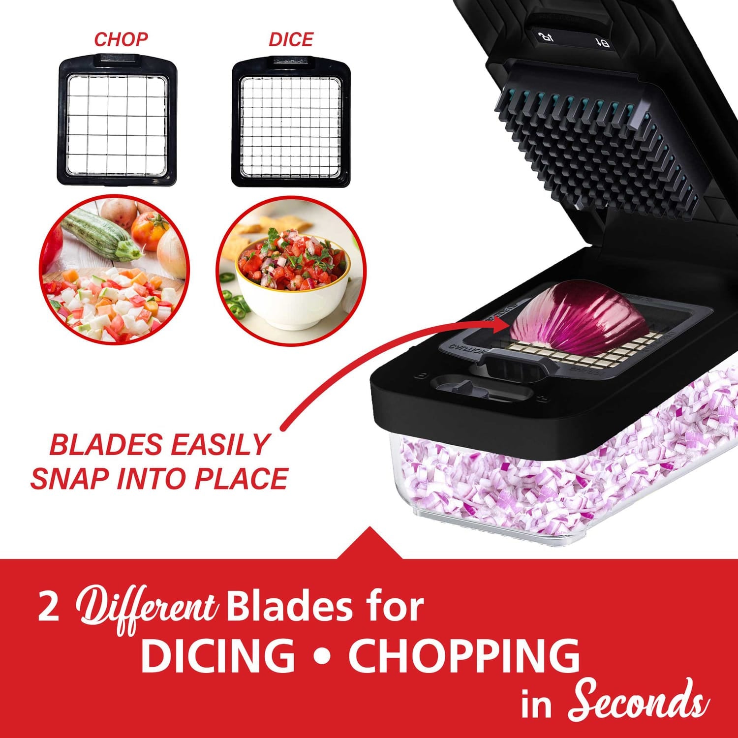 Brentwood Vegetable Chopper with 3.6-Cup Storage Container and 2 Interchangeable Stainless Steel Blades, Black
