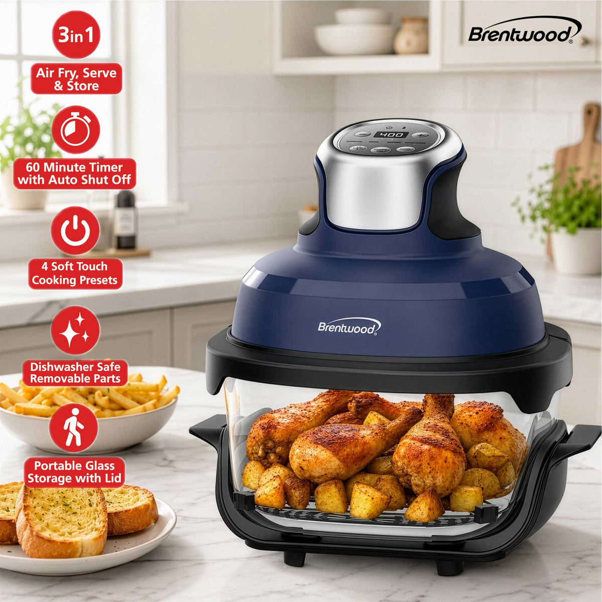 Brentwood 4.5-Qt. 1500-Watt Electric Digital Glass Air Fryer with Lid, Timer, Temperature Control, and Auto Shutoff