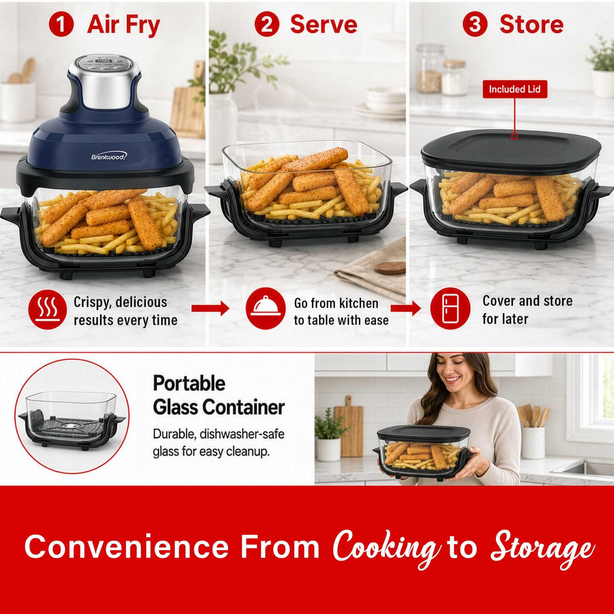 Brentwood 4.5-Qt. 1500-Watt Electric Digital Glass Air Fryer with Lid, Timer, Temperature Control, and Auto Shutoff