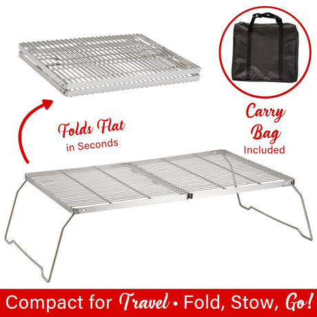 Brentwood 25-In. x 17-In. Heavy-Duty Stainless Steel Portable Folding Campfire Grill with Carry Bag, BB-17X25SS