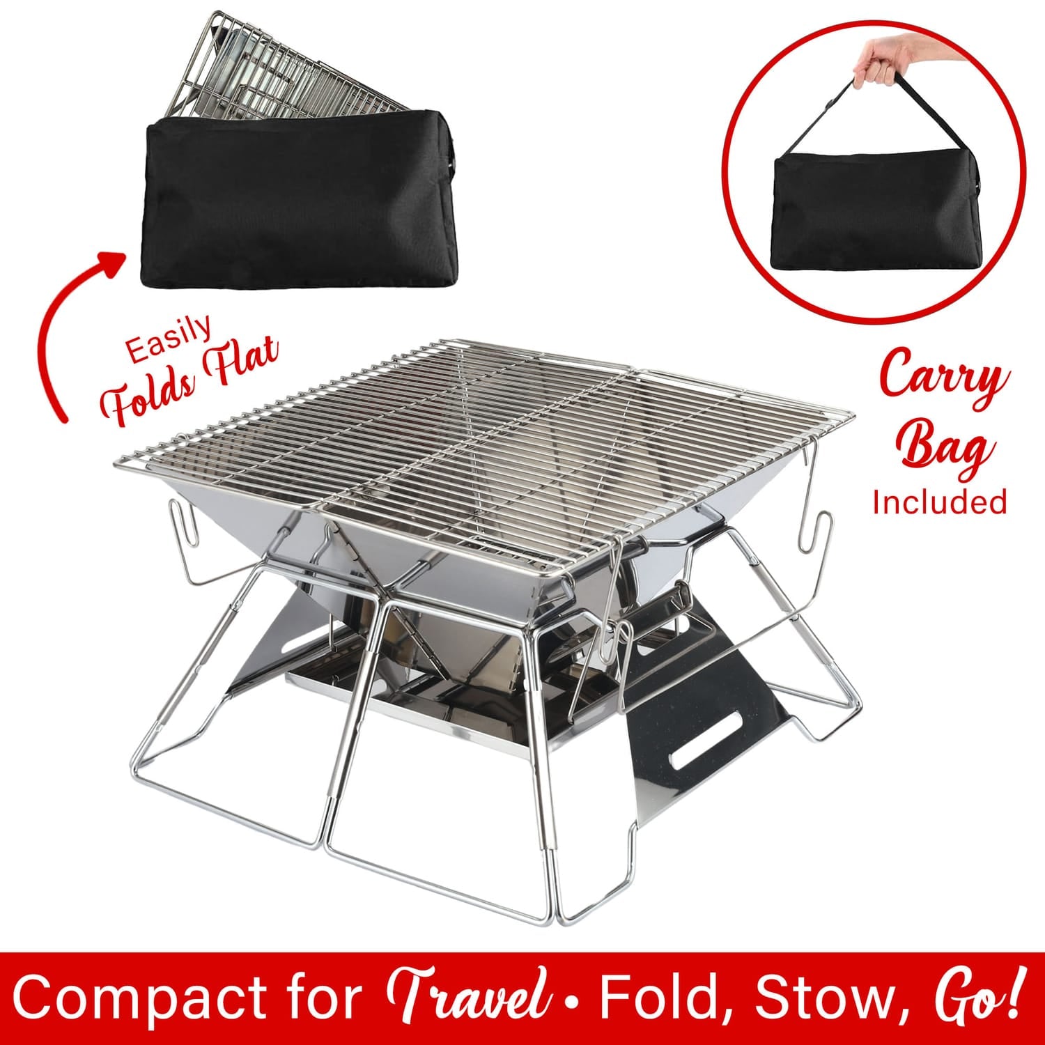 Brentwood 14-In. x 14-In. Stainless Steel Portable Folding Charcoal BBQ Grill and Outdoor Fire Pit with Carry Bag, BB-4X14SS
