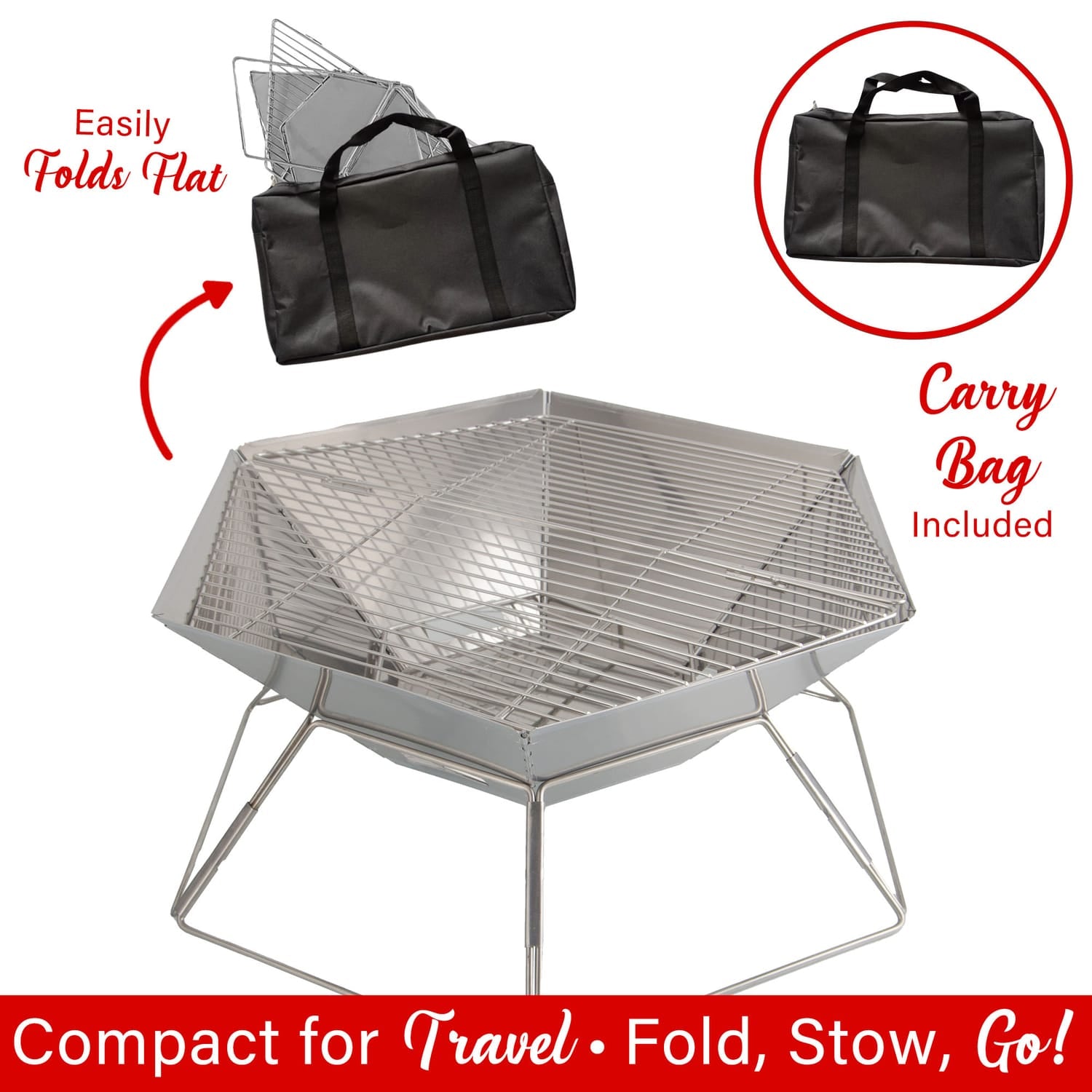 Brentwood 20-In. Stainless Steel Portable Folding Charcoal BBQ Grill and Outdoor Fire Pit with Carry Bag, BB-6X20SS