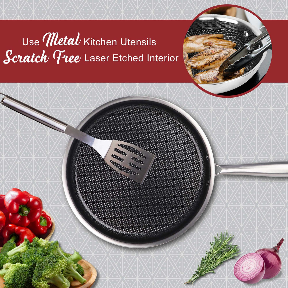 Brentwood 10-In. 3.2-Qt. 3-Ply Hybrid Non-Stick Stainless Steel Deep Sauté Pan with Tempered Glass Lid