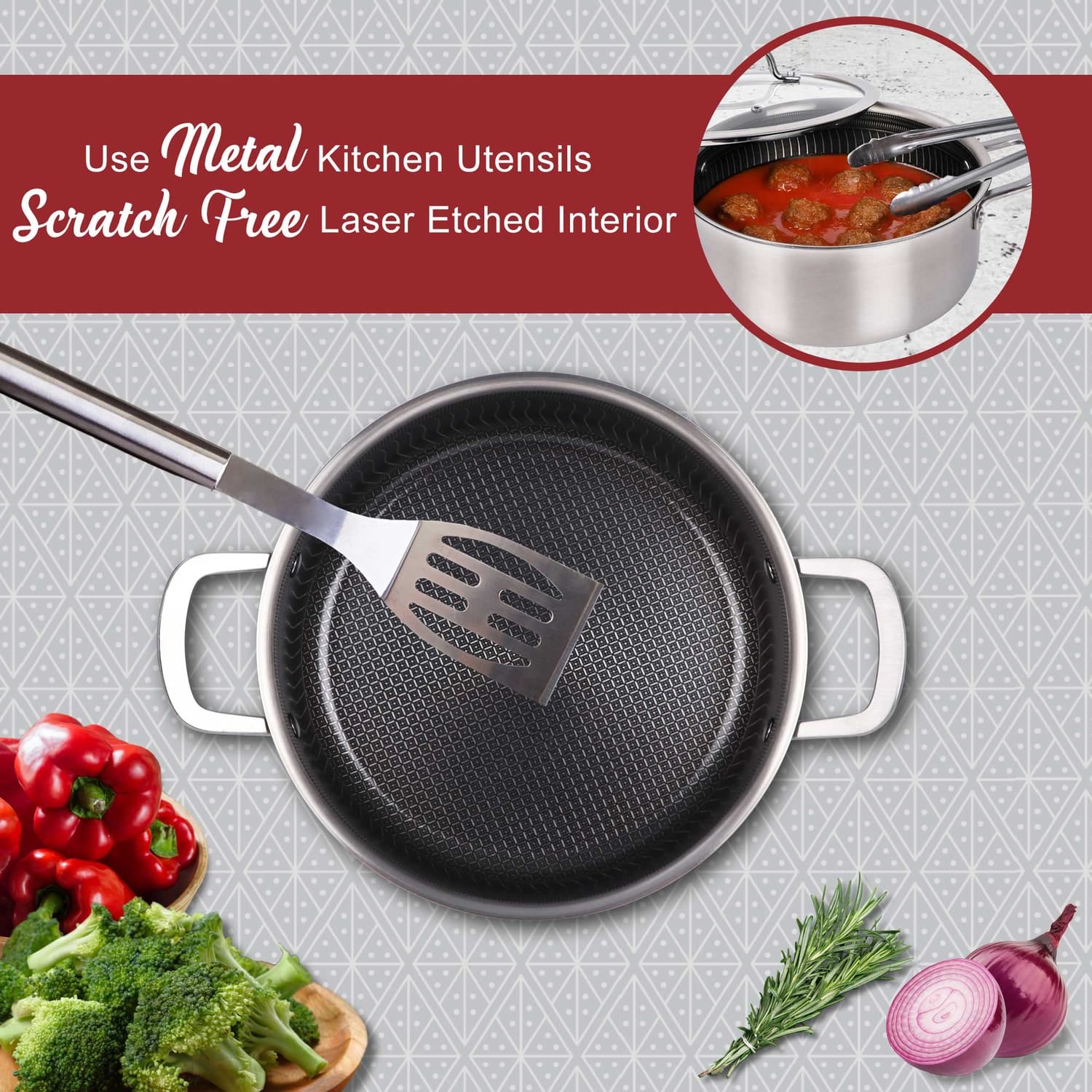 Brentwood 3-Ply Hybrid Non-Stick Stainless Steel Dutch Oven with Tempered Glass Lid, 4 Qt.