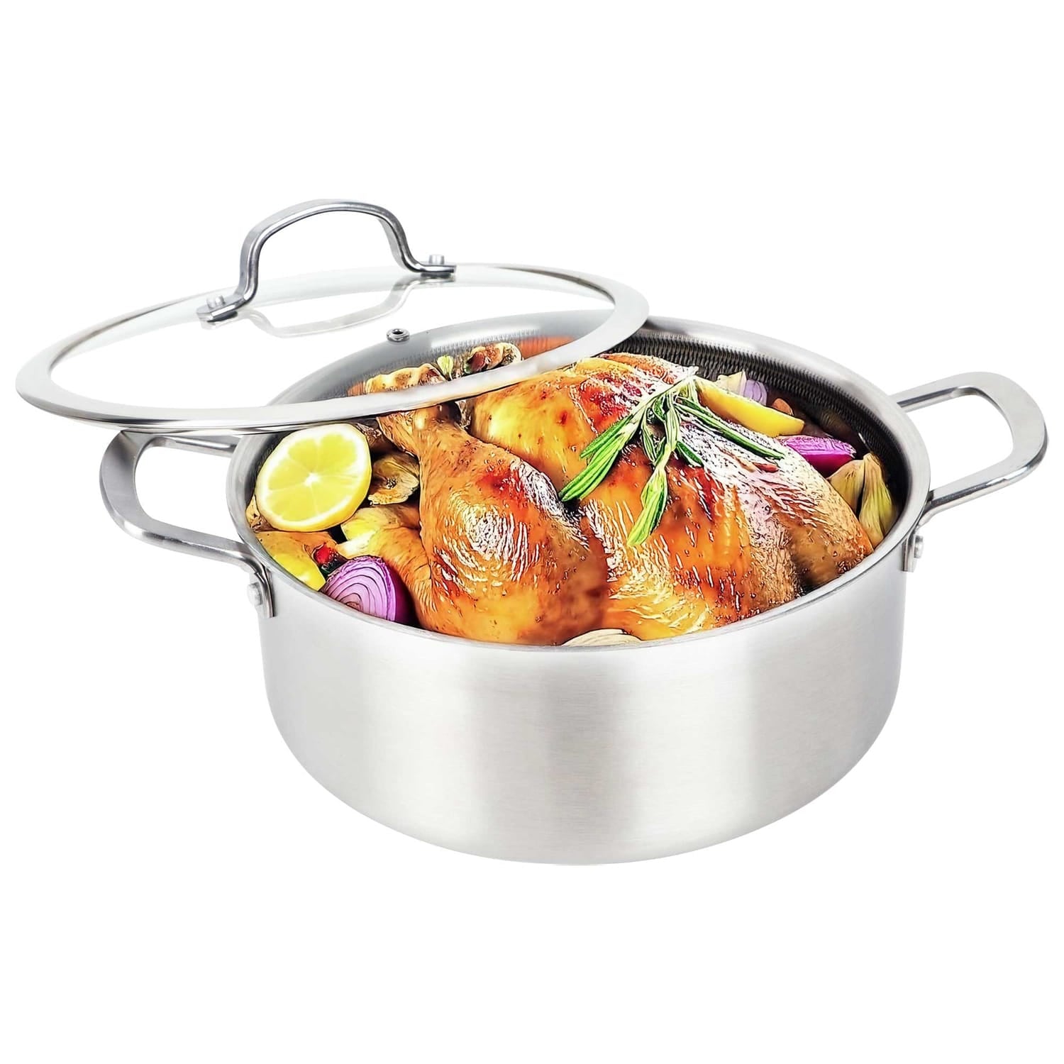 Brentwood 3-Ply Hybrid Non-Stick Stainless Steel Dutch Oven with Tempered Glass Lid, 6 Qt.
