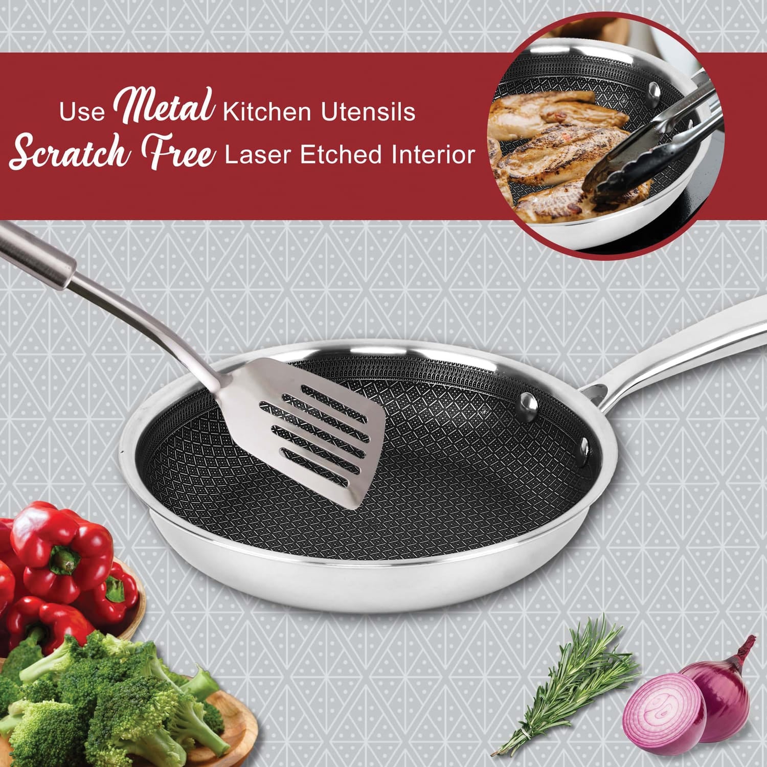 Brentwood 3-Ply Hybrid Non-Stick Stainless Steel Induction-Ready Frying Pan, 8 In.