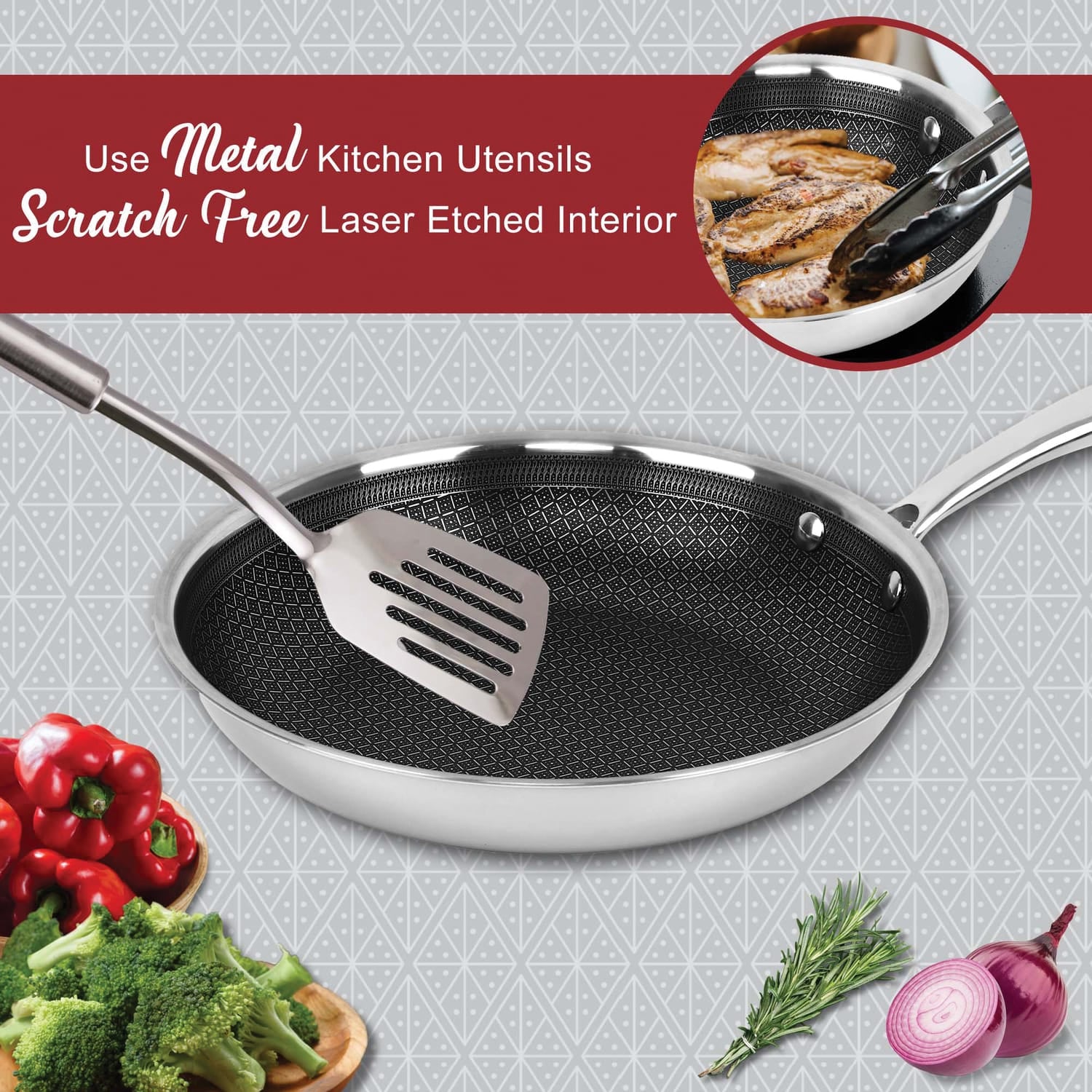 Brentwood 3-Ply Hybrid Non-Stick Stainless Steel Induction-Ready Frying Pan, 9.5 In.