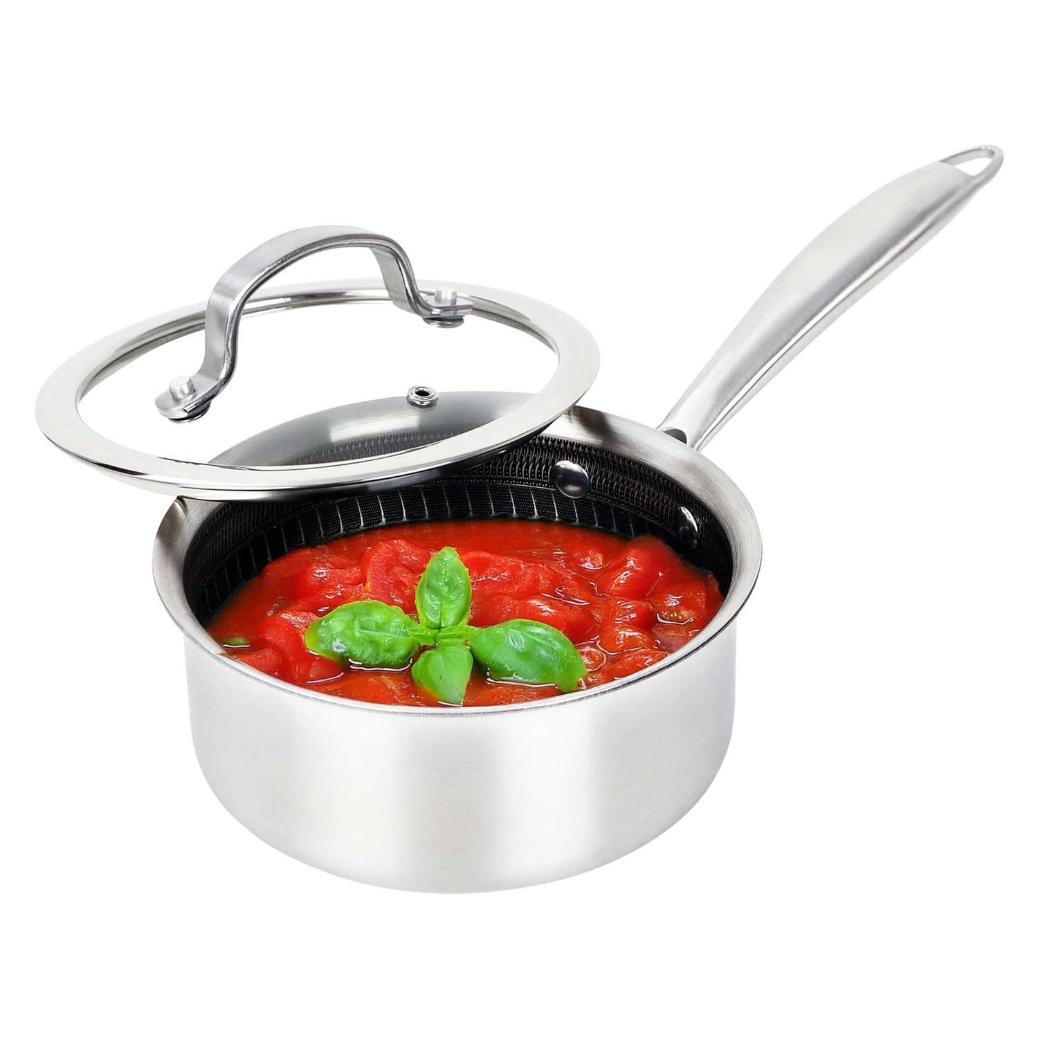 Brentwood 3-Ply Hybrid Non-Stick Stainless Steel Saucepan with Tempered Glass Lid, 1.5 Qt.