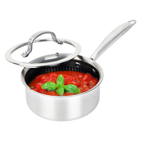 Brentwood 3-Ply Hybrid Non-Stick Stainless Steel Saucepan with Tempered Glass Lid, 1.5 Qt.