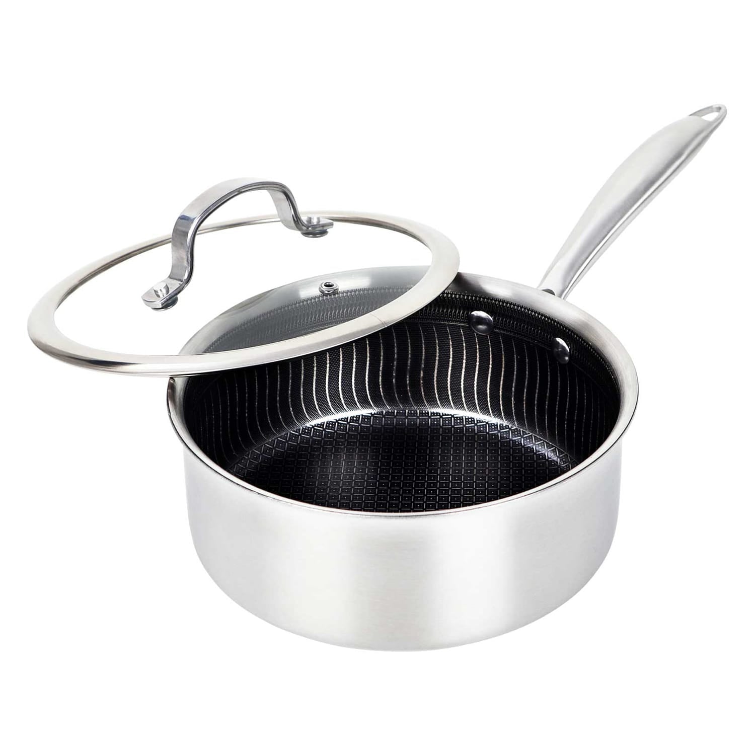 Brentwood 3-Ply Hybrid Non-Stick Stainless Steel Saucepan with Tempered Glass Lid, 2.2 Qt.