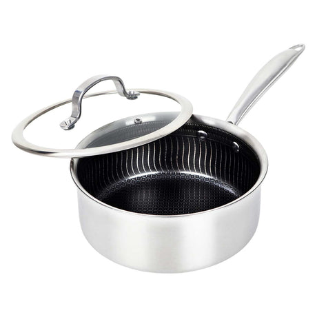 Brentwood 3-Ply Hybrid Non-Stick Stainless Steel Saucepan with Tempered Glass Lid, 2.2 Qt.