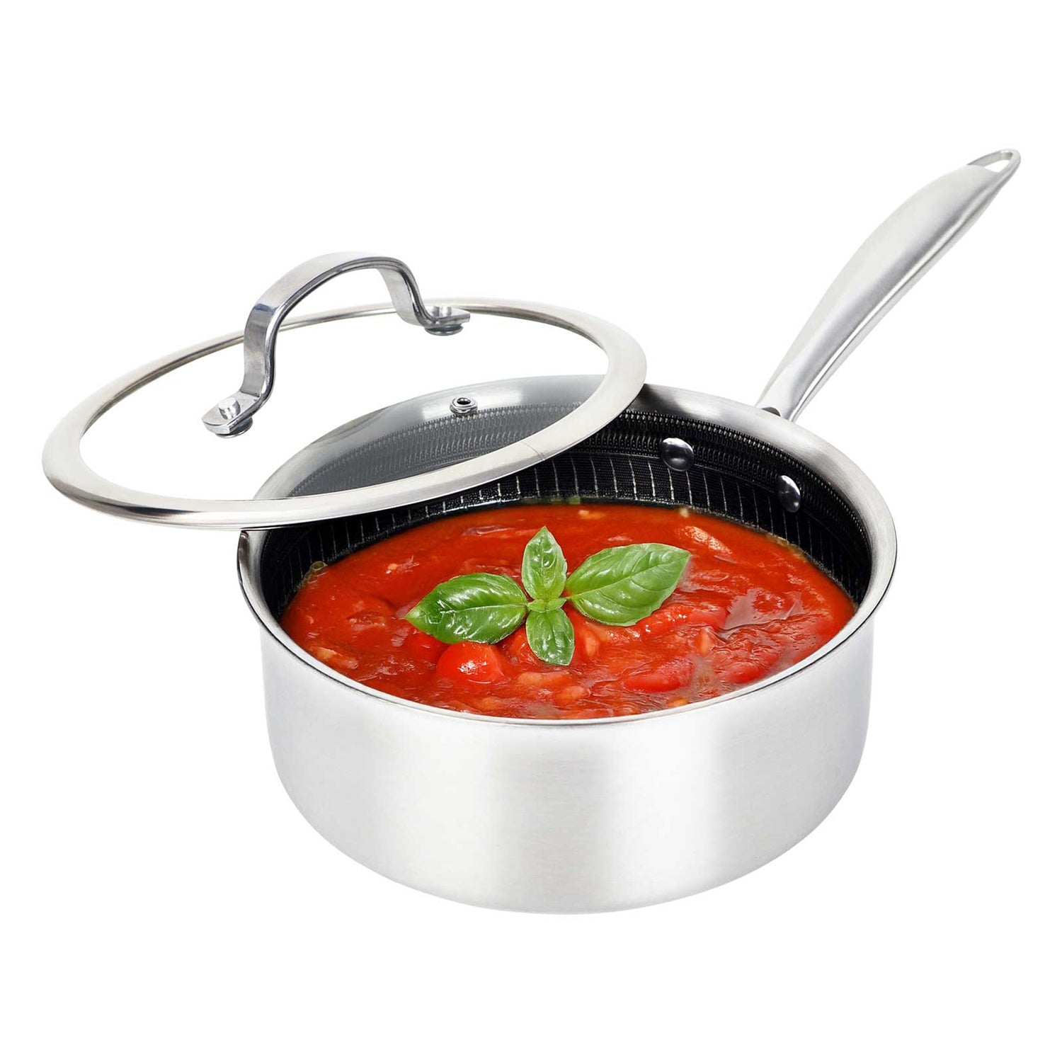 Brentwood 3-Ply Hybrid Non-Stick Stainless Steel Saucepan with Tempered Glass Lid, 2.2 Qt.