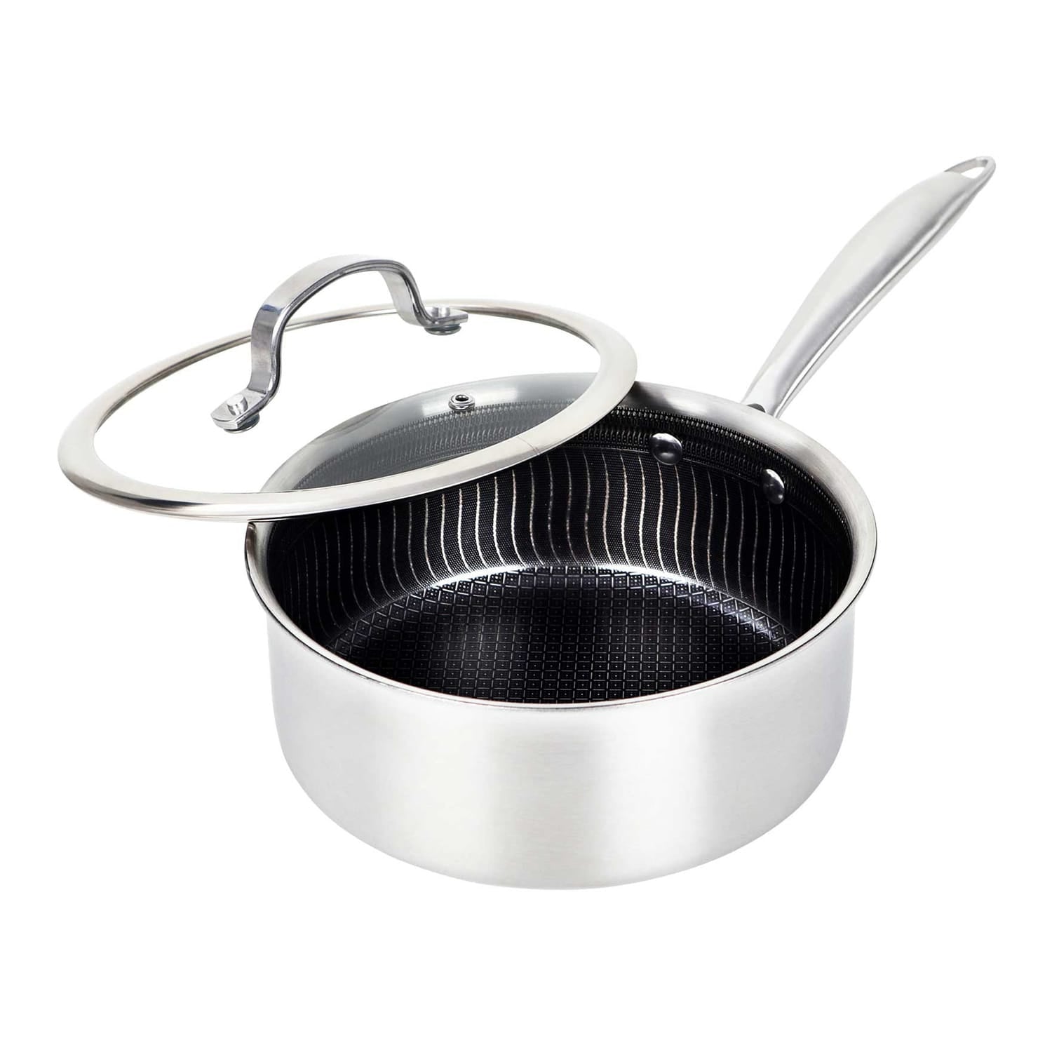 Brentwood 3-Ply Hybrid Non-Stick Stainless Steel Saucepan with Tempered Glass Lid, 3 Qt.