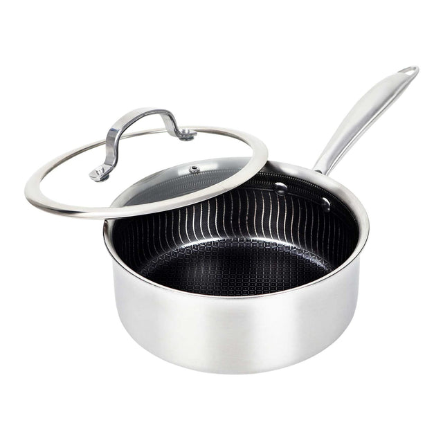 Brentwood 3-Ply Hybrid Non-Stick Stainless Steel Saucepan with Tempered Glass Lid, 3 Qt.