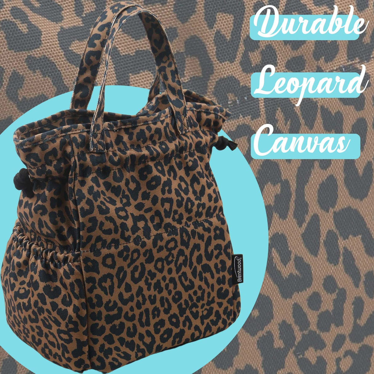 Brentwood Insulated Canvas Lunch Tote Cooler Bag for Women, 12-Can Capacity, with 2 Side Pockets, CB-2025L, Leopard Brown
