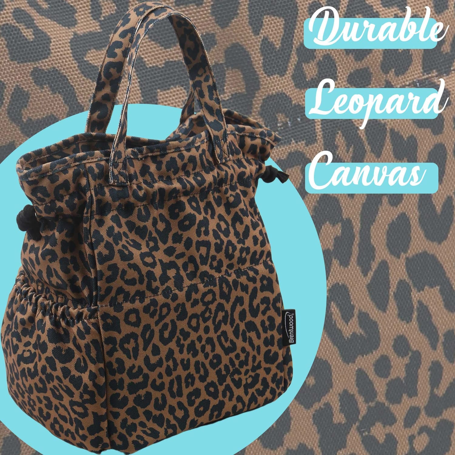 Brentwood Insulated Canvas Lunch Tote Cooler Bag for Women, 12-Can Capacity, with 2 Side Pockets, CB-2025L, Leopard Brown