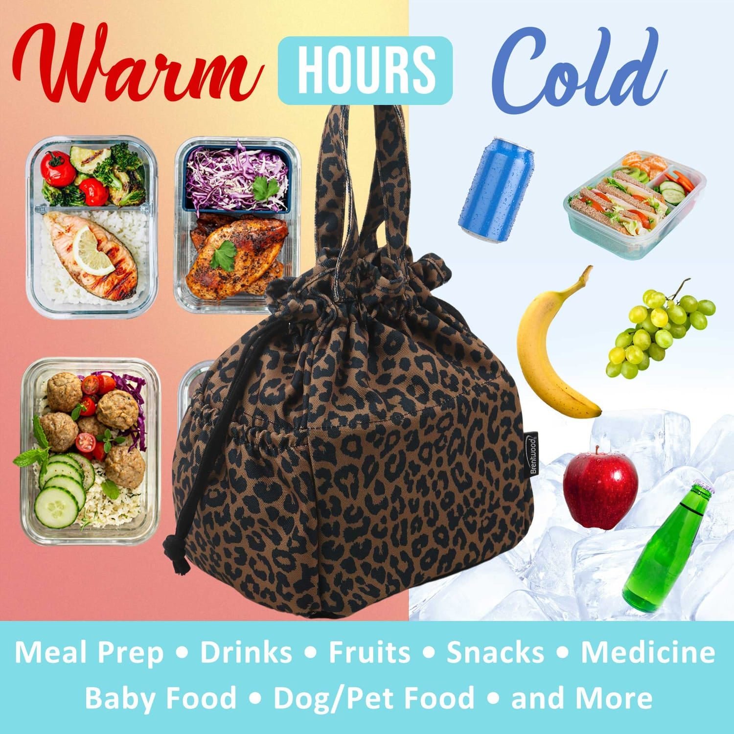 Brentwood Insulated Canvas Lunch Tote Cooler Bag for Women, 12-Can Capacity, with 2 Side Pockets, CB-2025L, Leopard Brown