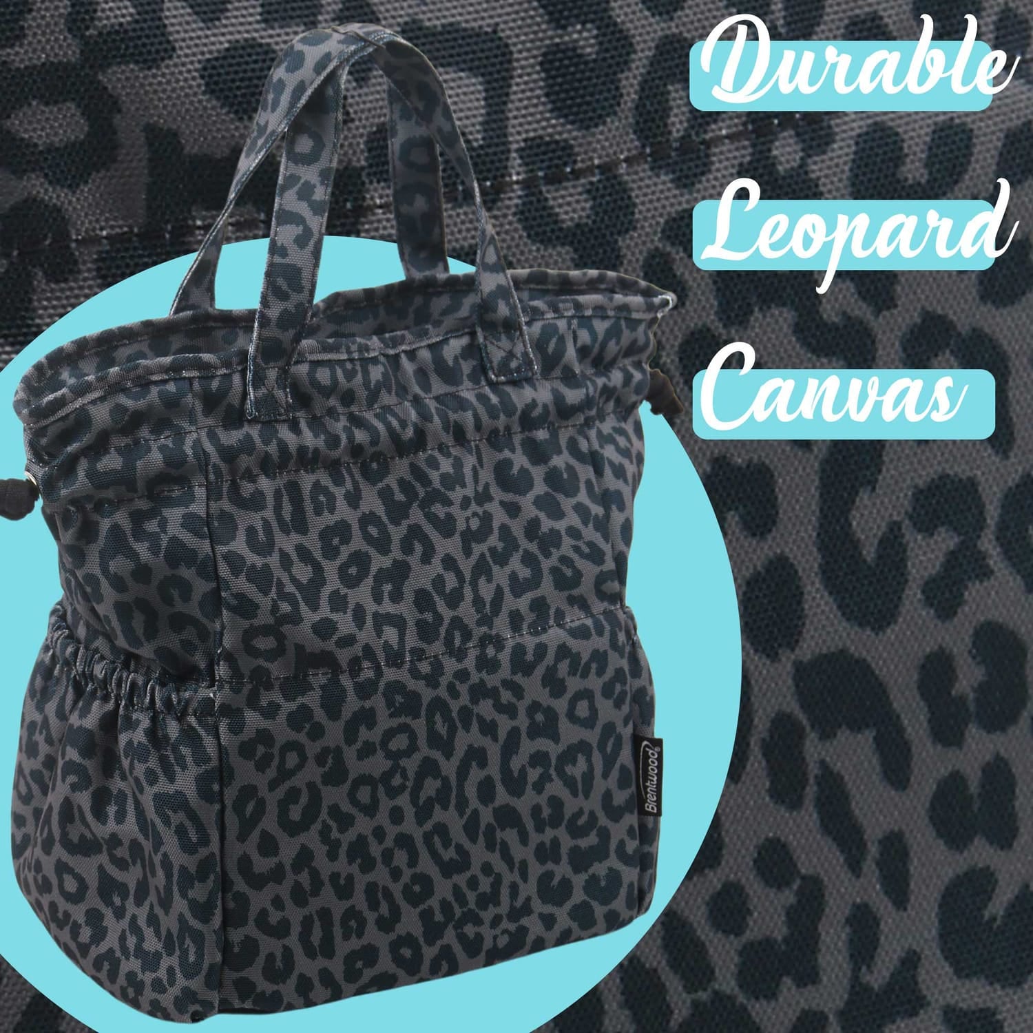 Brentwood Insulated Canvas Lunch Tote Cooler Bag for Women, 12-Can Capacity, with 2 Side Pockets, CB-2025L, Leopard Gray