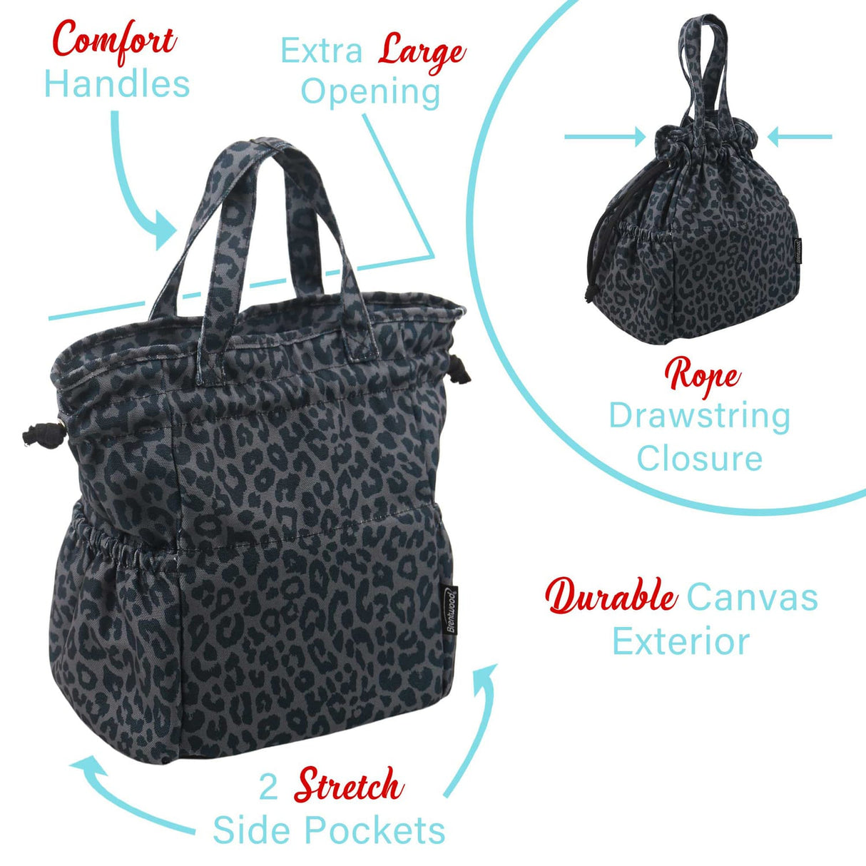 Brentwood Insulated Canvas Lunch Tote Cooler Bag for Women, 12-Can Capacity, with 2 Side Pockets, CB-2025L, Leopard Gray