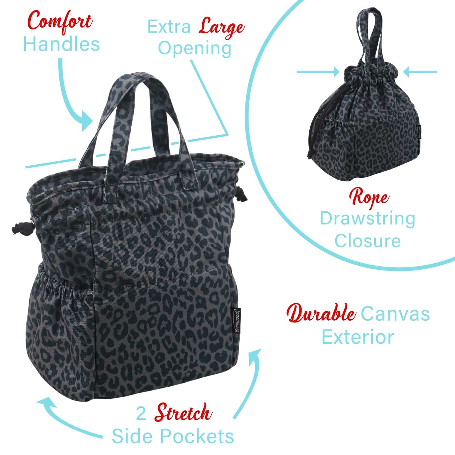 Brentwood Insulated Canvas Lunch Tote Cooler Bag for Women, 12-Can Capacity, with 2 Side Pockets, CB-2025L, Leopard Gray