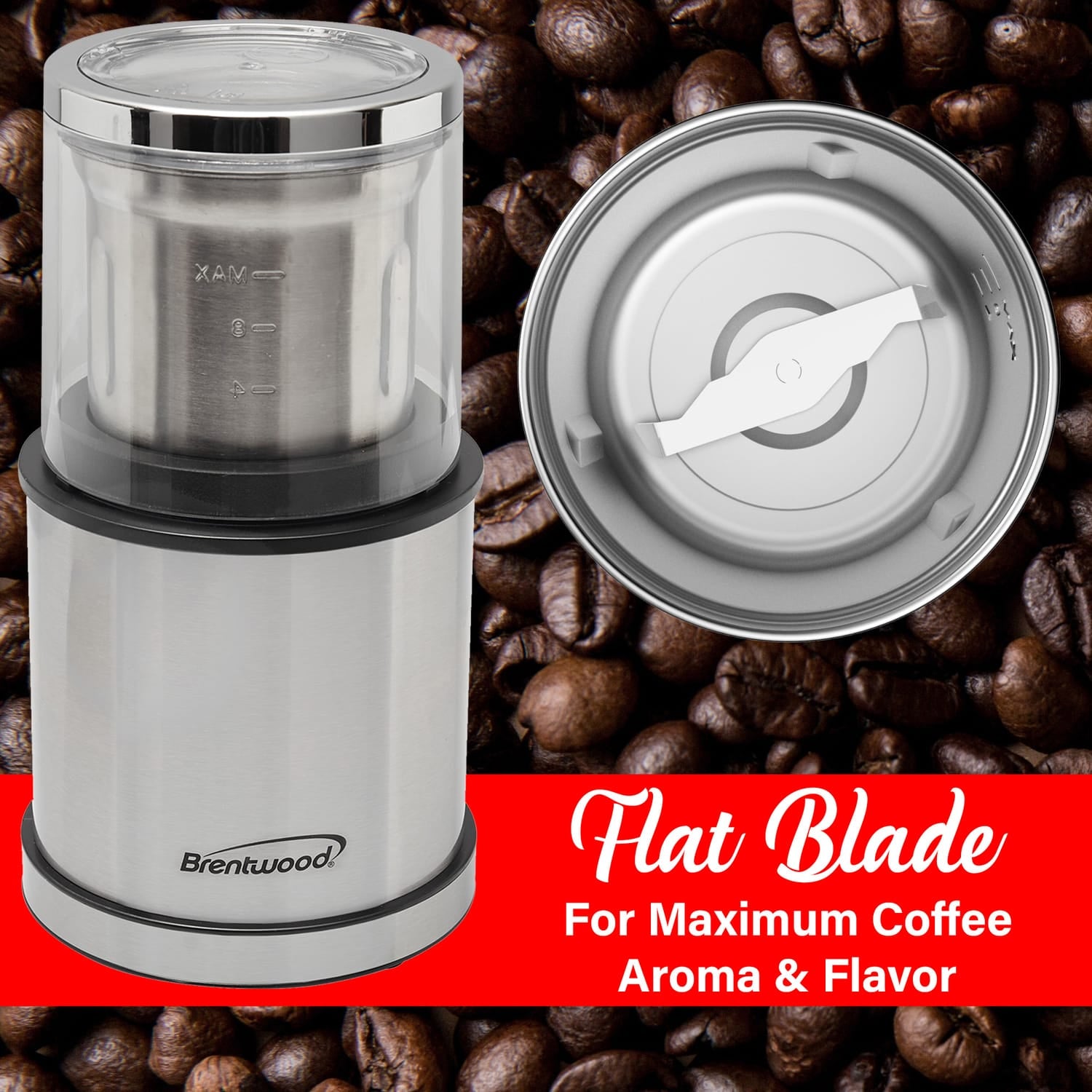 Brentwood 75-Gram Electric Stainless Steel Wet-and-Dry Coffee Bean, Herb, and Spice Grinder with 2 Removable Bowls, CG-162S
