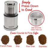 Brentwood 75-Gram Electric Stainless Steel Wet-and-Dry Coffee Bean, Herb, and Spice Grinder with 2 Removable Bowls, CG-162S