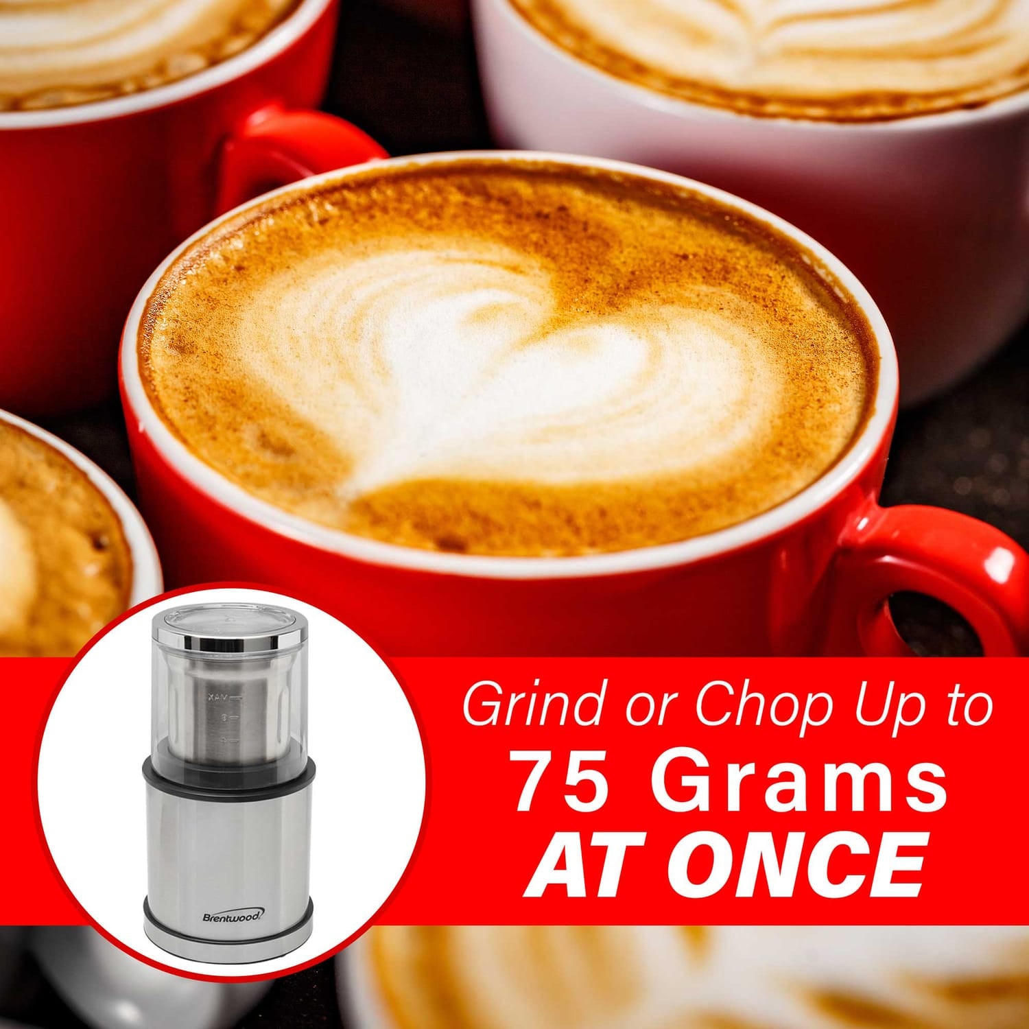Brentwood 75-Gram Electric Stainless Steel Wet-and-Dry Coffee Bean, Herb, and Spice Grinder with 2 Removable Bowls, CG-162S