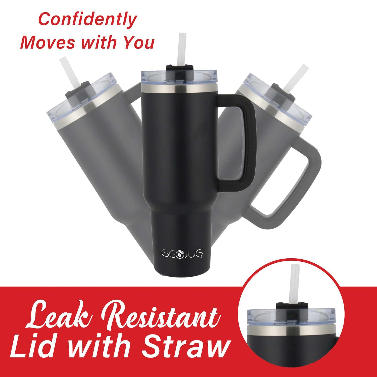 Brentwood Geojug 40-Oz. Insulated Stainless Steel Tumbler Cup with Handle, Lid, and Straw, Black