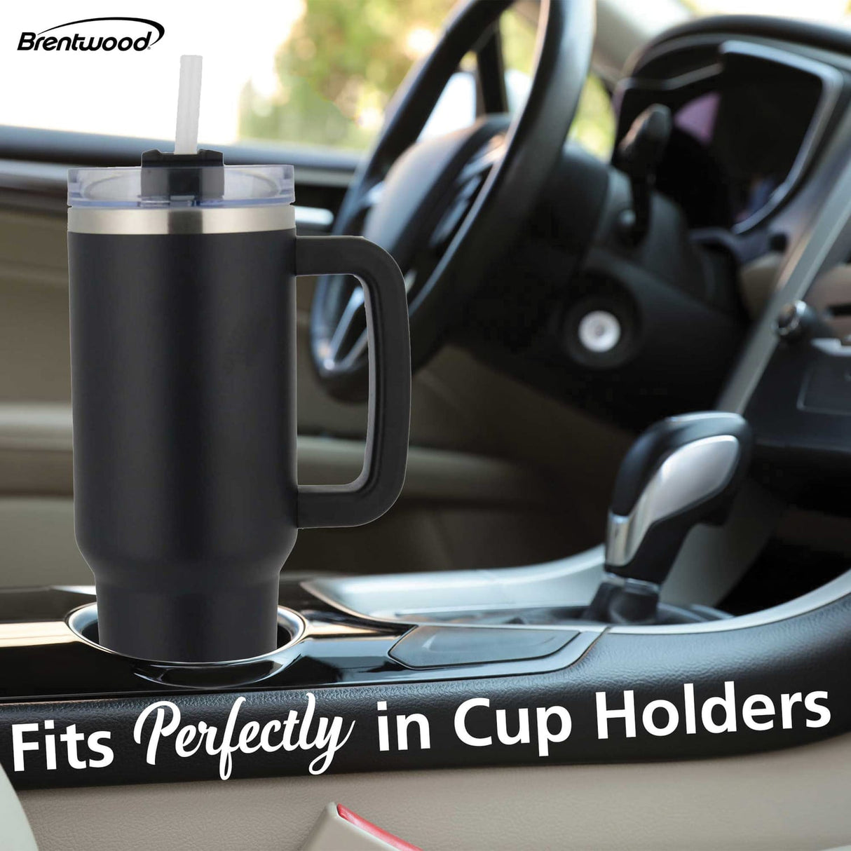 Brentwood Geojug 40-Oz. Insulated Stainless Steel Tumbler Cup with Handle, Lid, and Straw, Black
