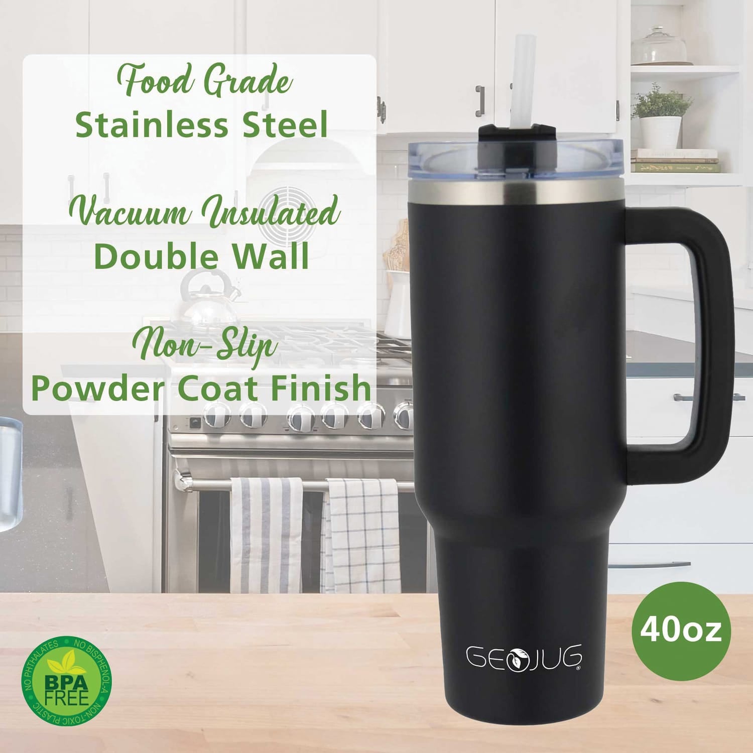 Brentwood Geojug 40-Oz. Insulated Stainless Steel Tumbler Cup with Handle, Lid, and Straw, Black