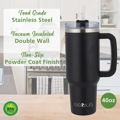 Brentwood Geojug 40-Oz. Insulated Stainless Steel Tumbler Cup with Handle, Lid, and Straw, Black